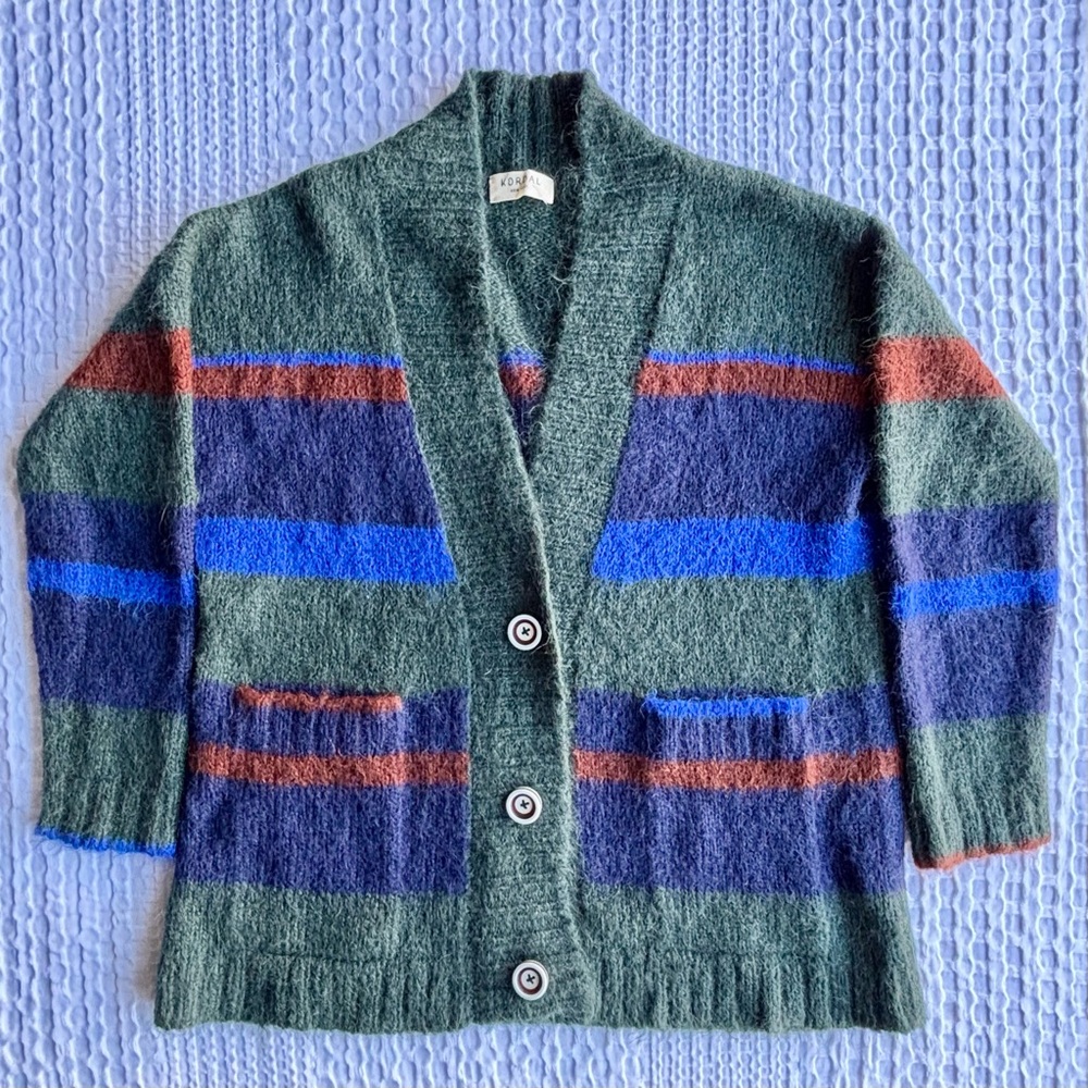 Kordal Alpaca & Wool Blend Cardigan in Forest Green w/Blue & Rust Stripes Size S